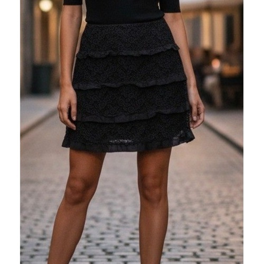 INC International Concept Skirt Womens‎ 8P Black Floral Lace Goth Tiered Crochet